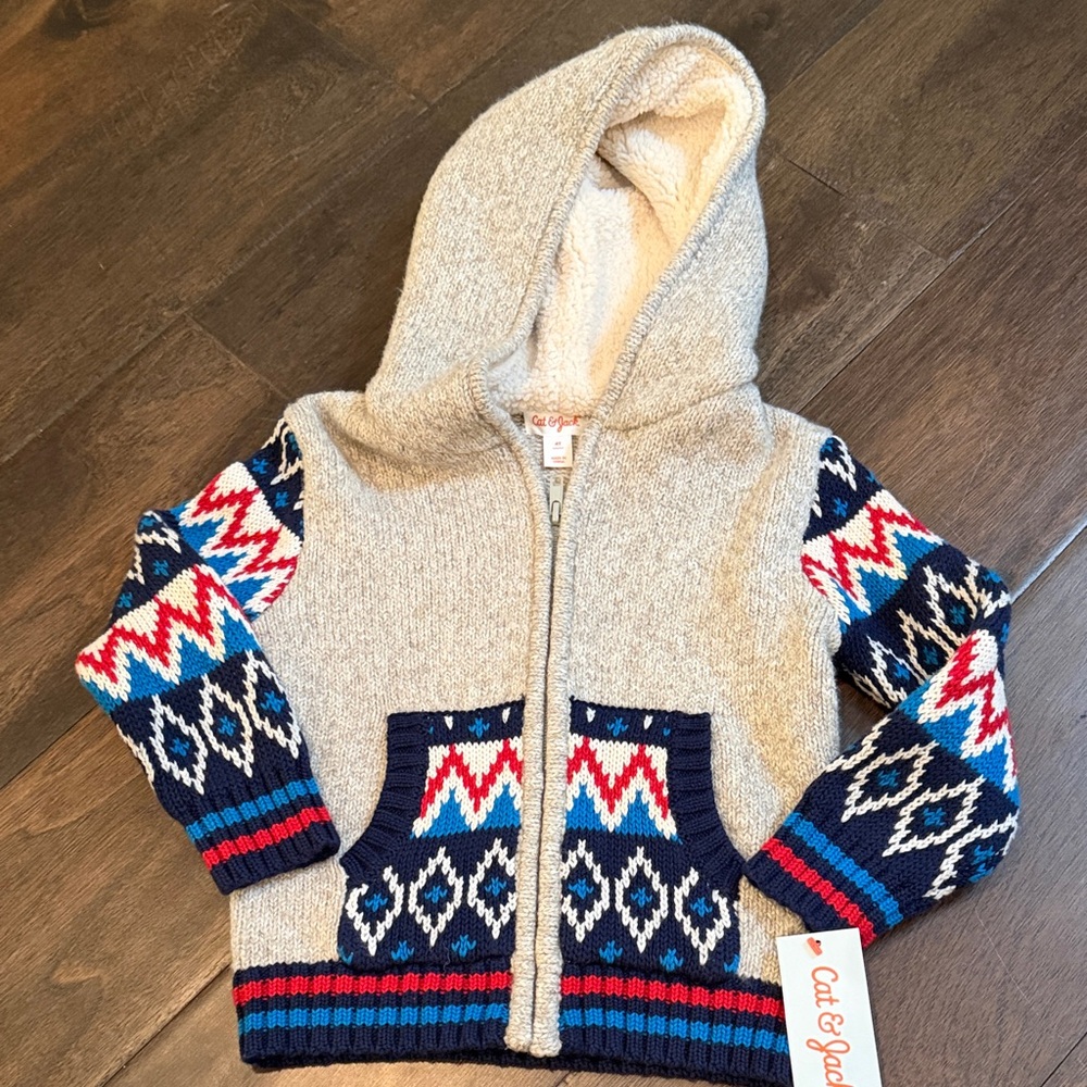 Cat & Jack Kids' Sweater with Hood, with Blue and Red Pattern, new with tags, 4T
